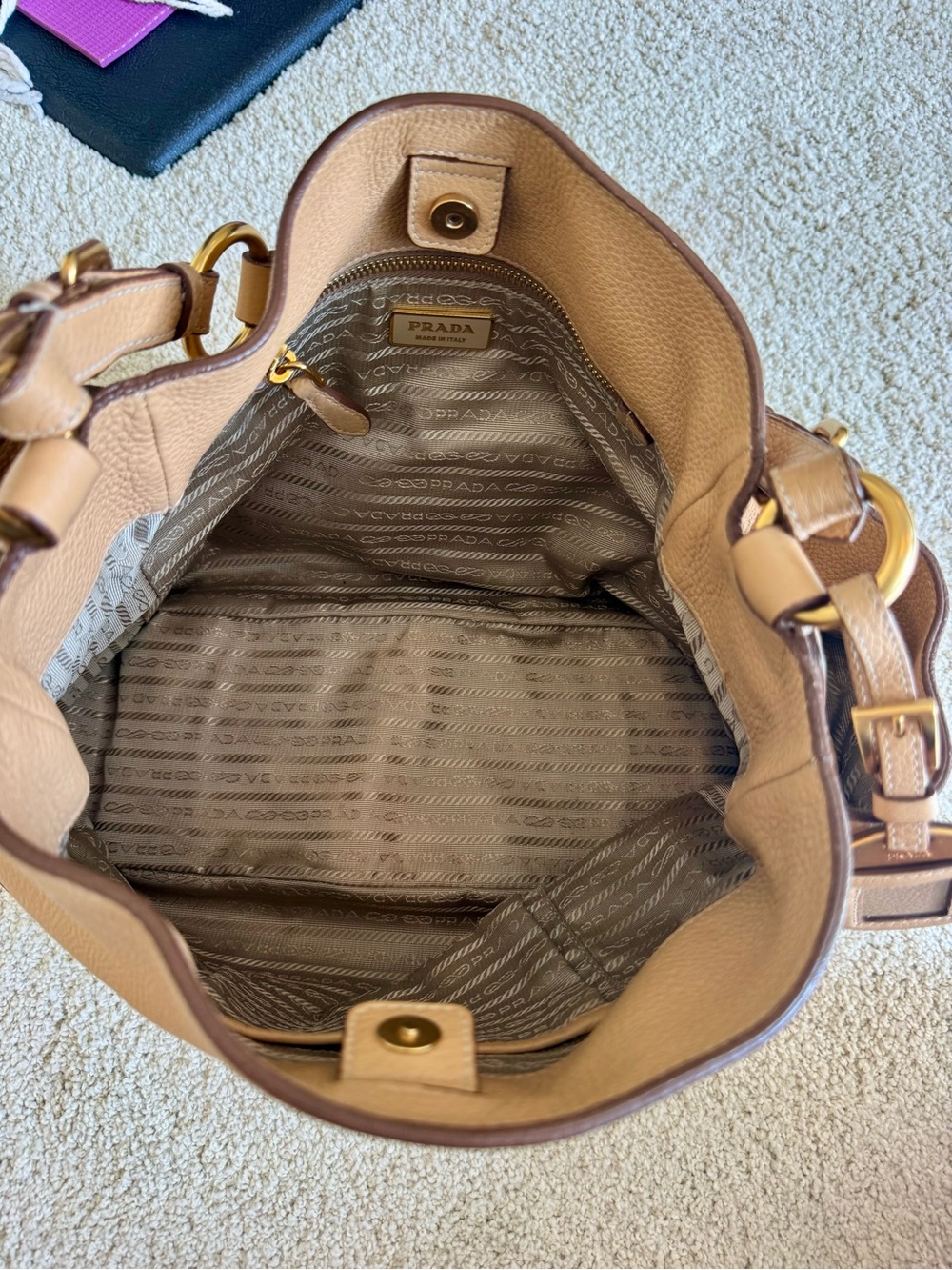 PRADA Vitello Daino Leather Side Pocket Hobo Shoulder Bag - Beige/Camel Gold - Picture 7 of 10